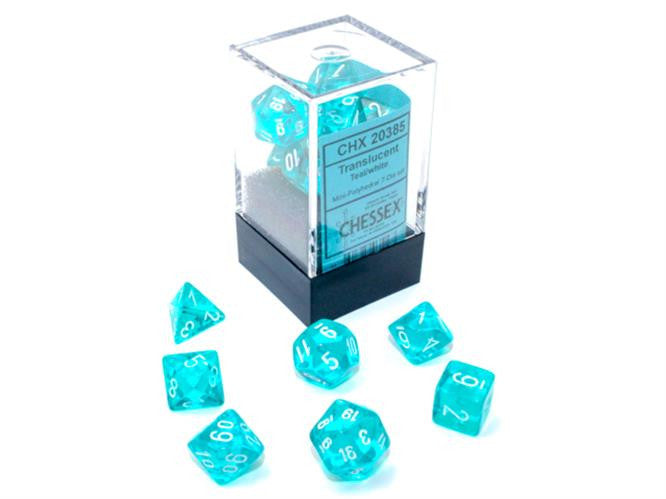 SET 7 DADI POLIEDRICI MINI - TRANSLUCENT TEAL/WHITE