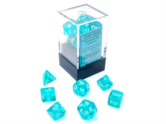 SET 7 DADI POLIEDRICI MINI - TRANSLUCENT TEAL/WHITE
